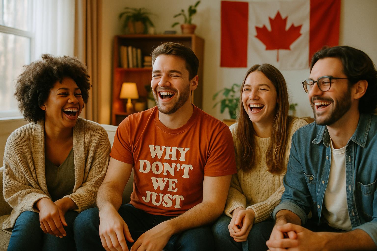 A group of friends laughing together, one wearing a t-shirt with a hilarious saying, in a cozy Canad