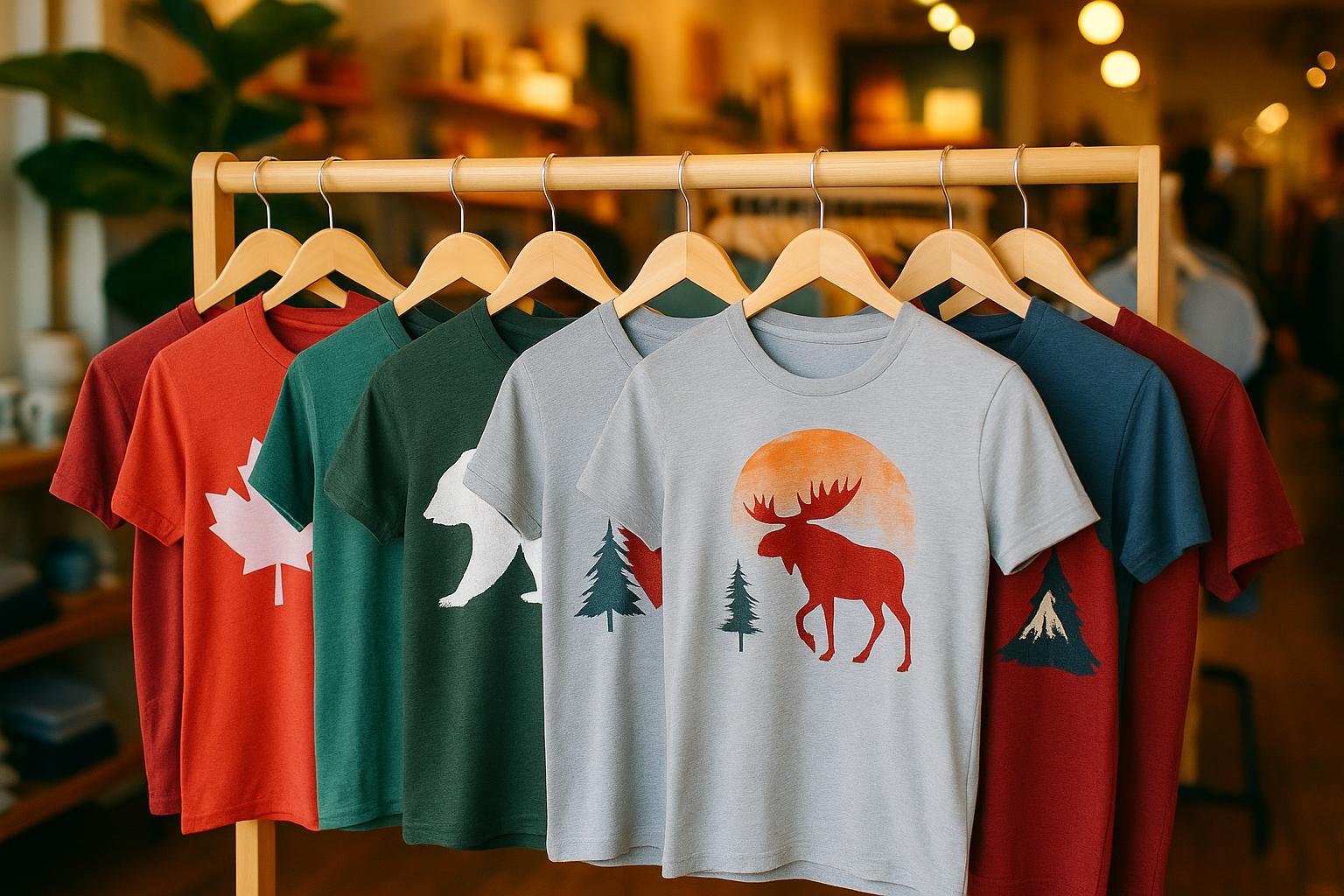 A rack of t-shirts featuring various Canadian-themed designs in a trendy boutique.