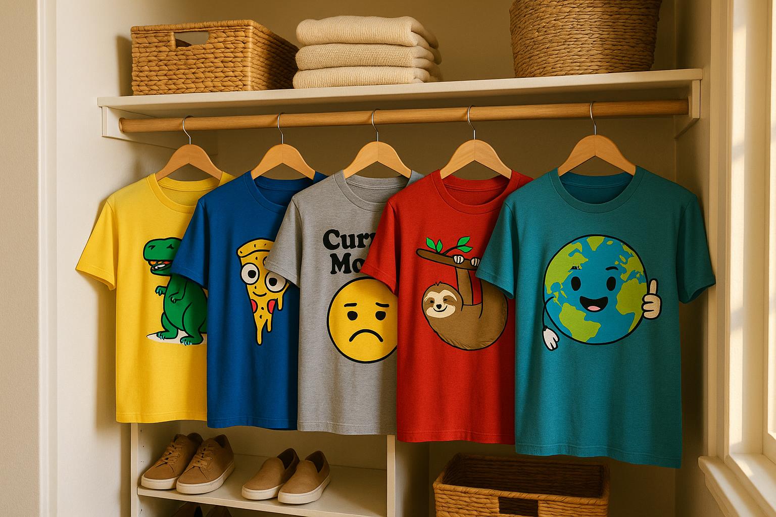 A neatly organized closet with funny t-shirts lined up next to each other, ready for action.