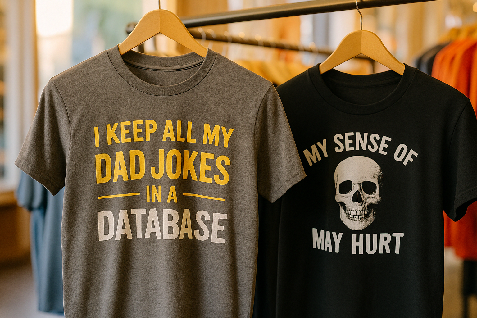 A close-up of a shirt with a dad joke, hanging on a rack next to a shirt with a dark humour theme, i