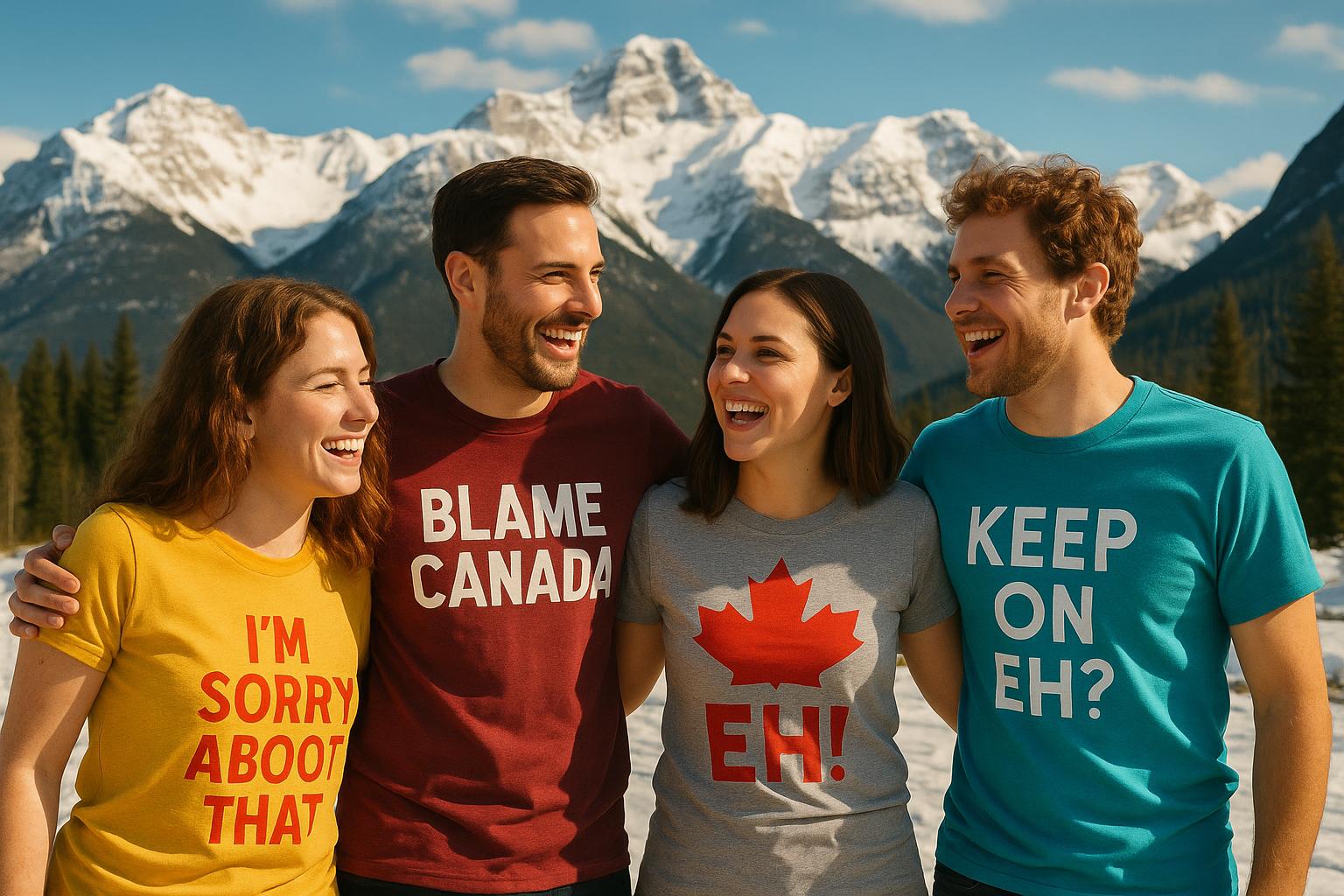 A group of friends wearing t-shirts with Canadian jokes, standing in front of a snowy mountain lands
