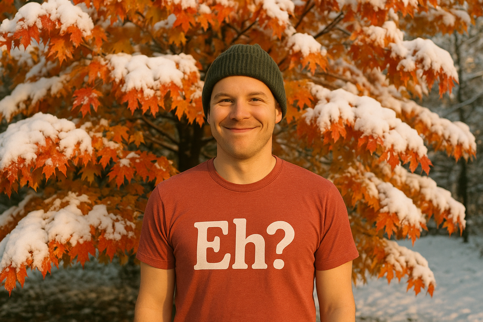 A person standing in front of a snow-covered maple tree, wearing a t-shirt that says 