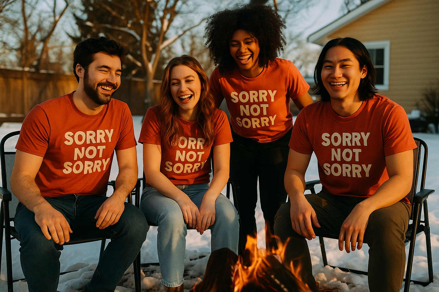 A group of friends around a campfire in a snowy backyard, all wearing 
