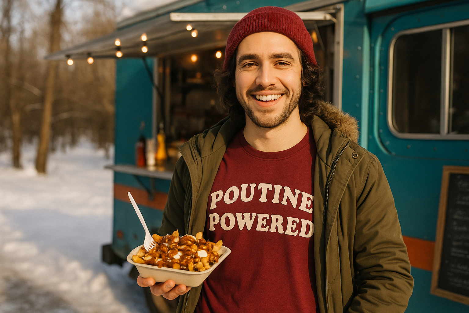 A person at a food truck in the winter, wearing a 