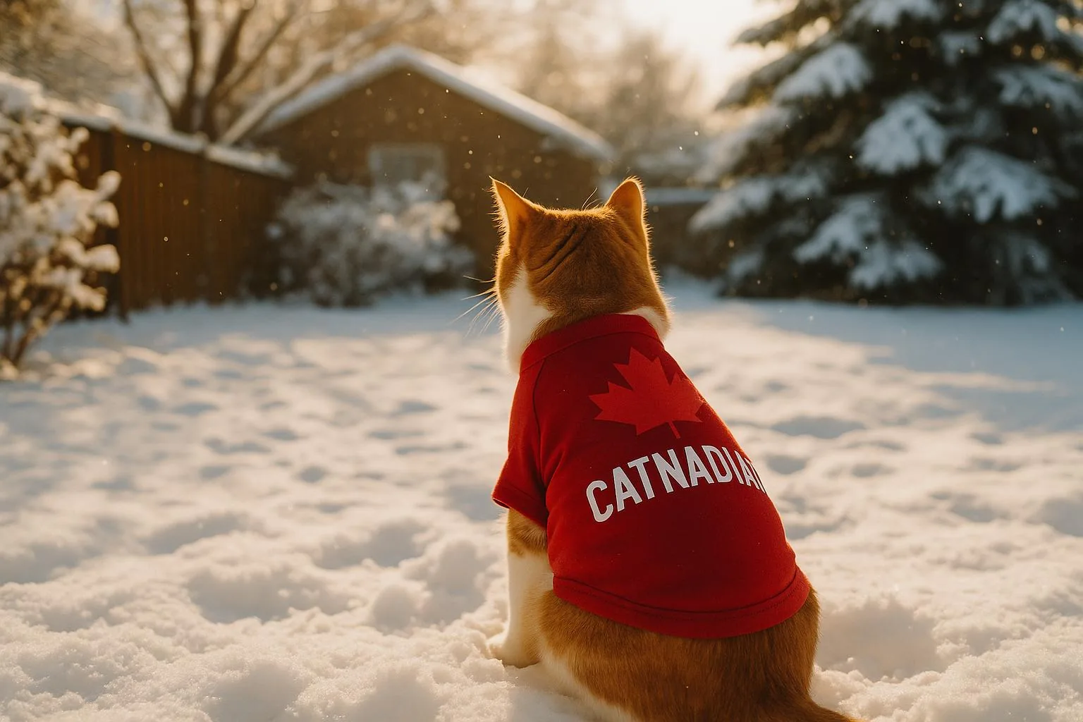 A snowy backyard scene with a cat wearing a 