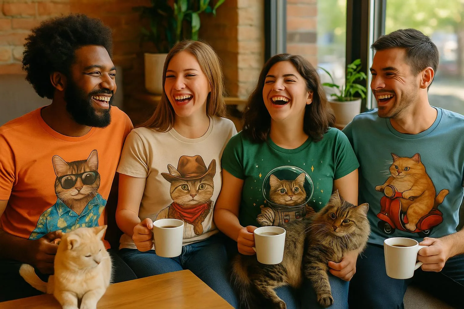 A group of friends at a cat café, all wearing different funny cat t-shirts, laughing and drinking co