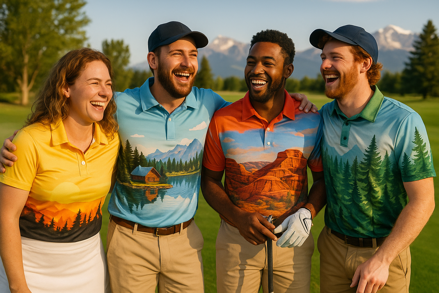 A group of friends laughing on a golf course, all wearing different funny golf shirts with Canadian 