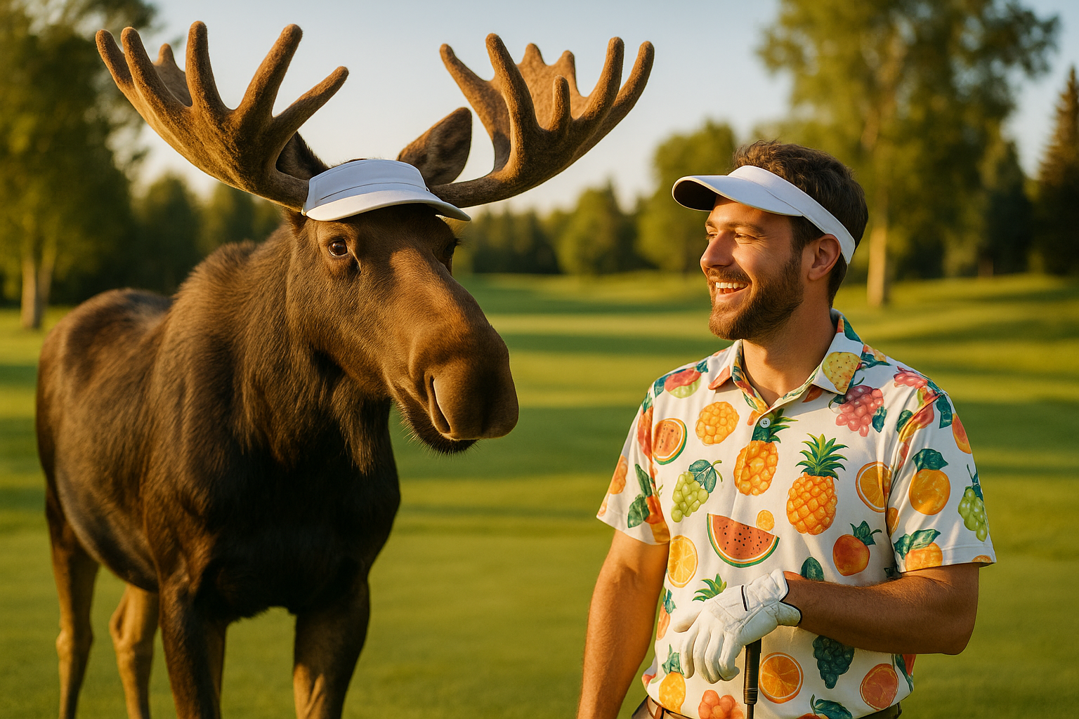 A golfer in a funny shirt standing next to a moose on a golf course, both wearing golf visors.