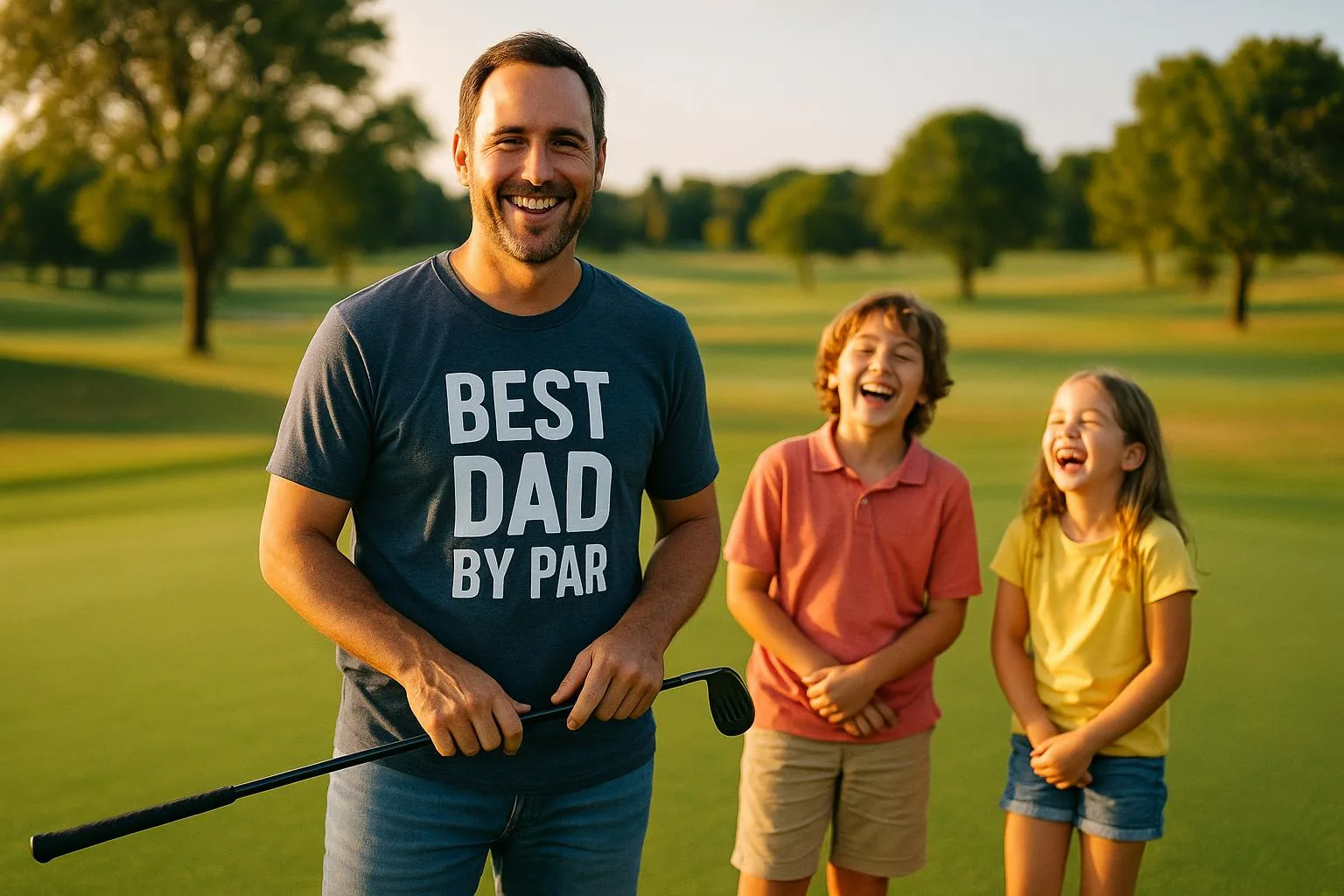 A dad on a golf course wearing a t-shirt with a dad joke, holding a golf club and smiling as his kid