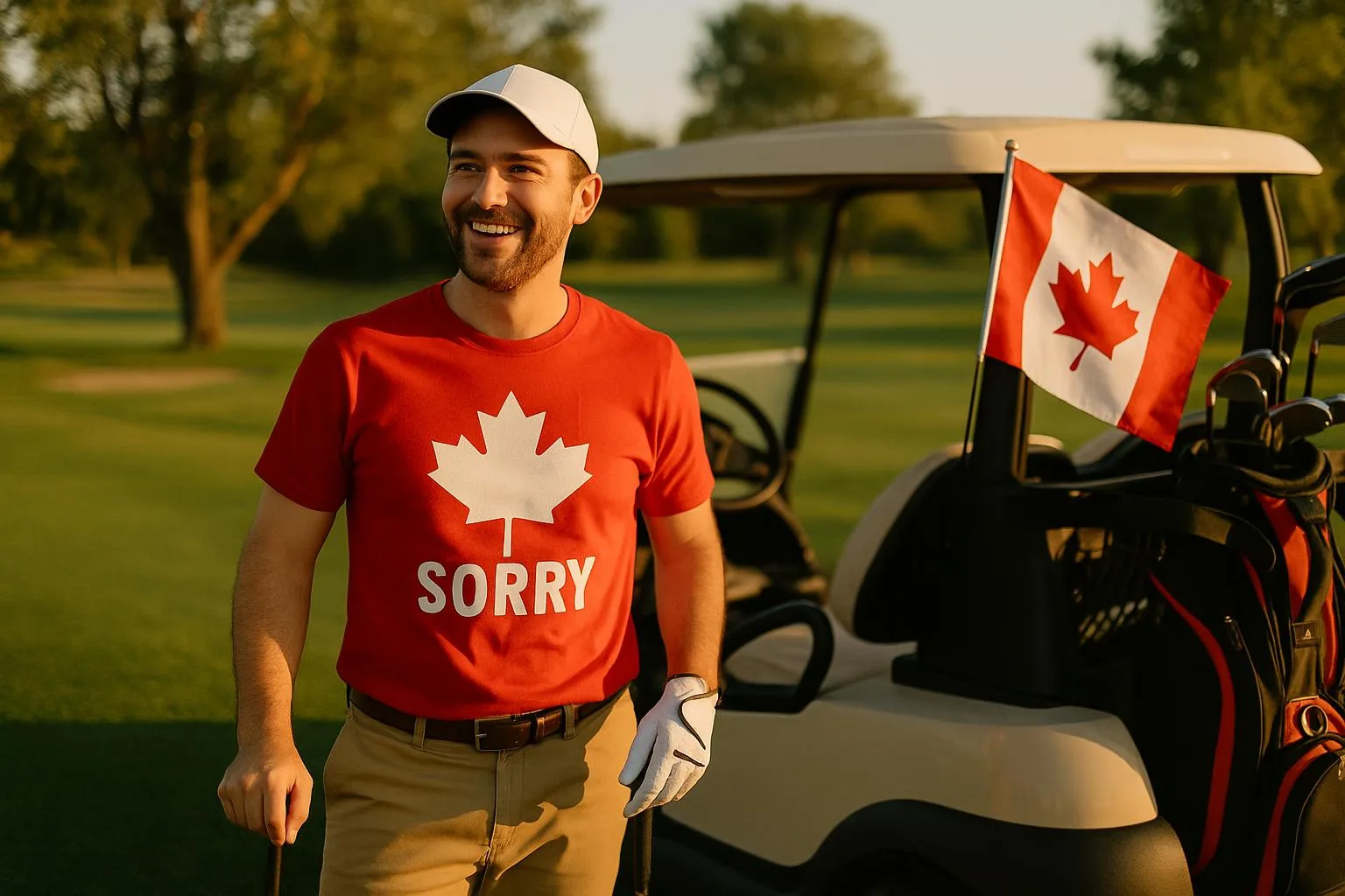 A Canadian golfer wearing a shirt with a maple leaf and a funny slogan, standing next to a golf cart