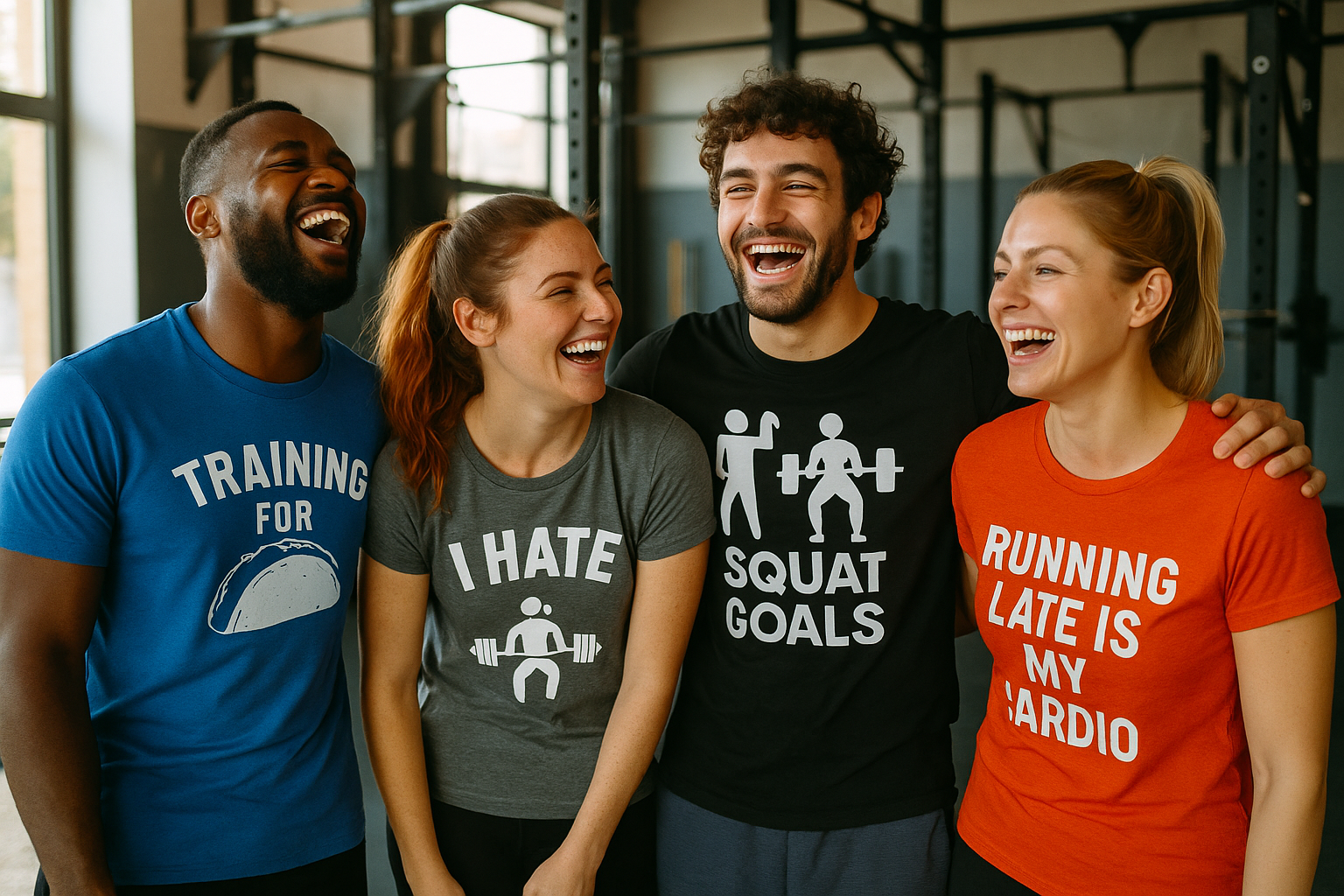 A group of friends laughing together in a gym, each wearing different funny gym t-shirts from the Cl