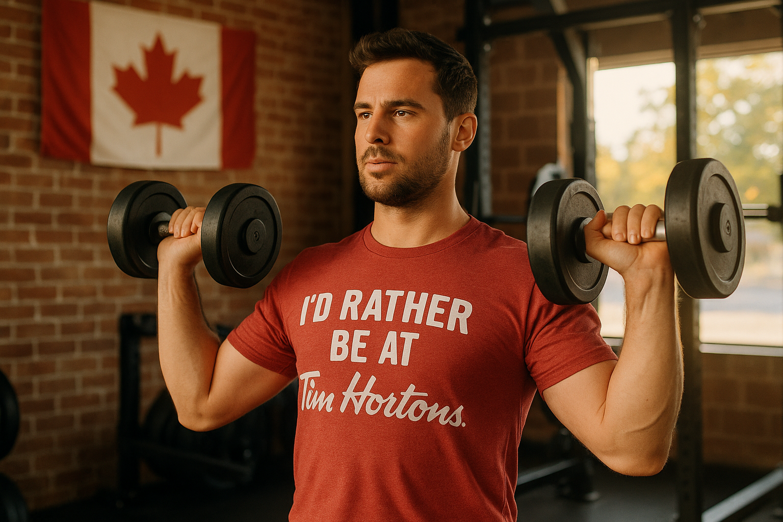 A man lifting weights in a gym wearing a t-shirt that says, 