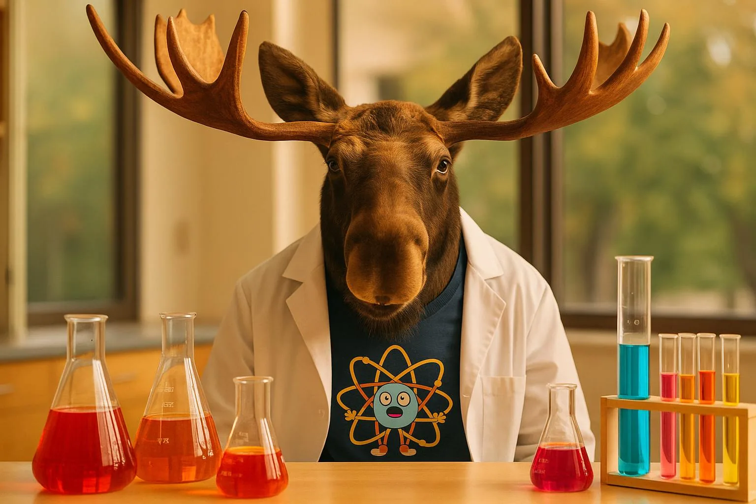 A moose wearing a lab coat, surrounded by beakers and test tubes, with a funny science t-shirt on.