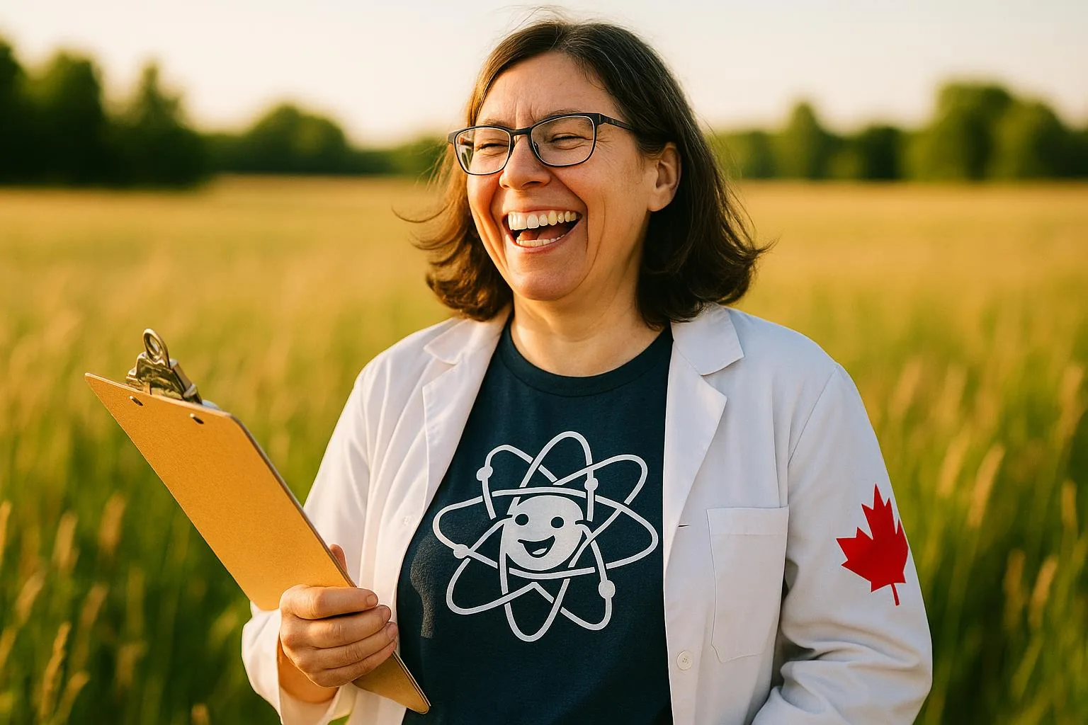 A Canadian scientist in a field with a clipboard, laughing at a funny science t-shirt.