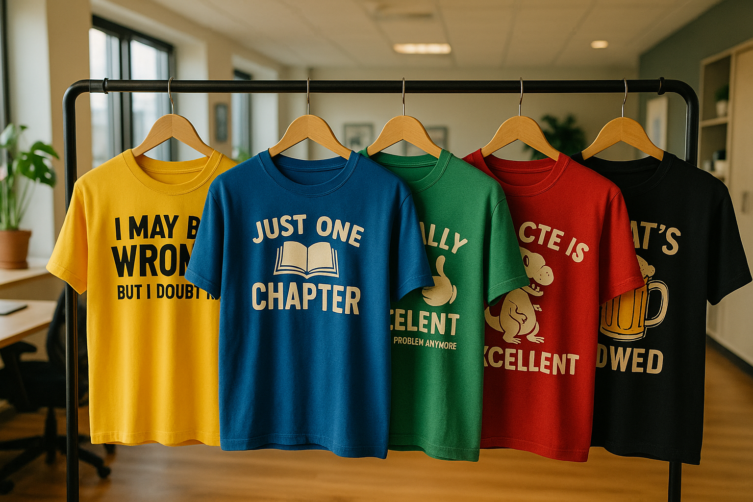 A display of various funny t-shirts hanging on a rack, each with a unique joke or theme, set against