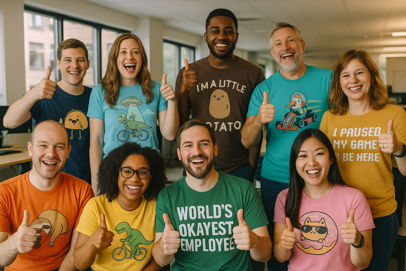 An office group photo with everyone wearing different funny t-shirts, all smiling and giving thumbs 
