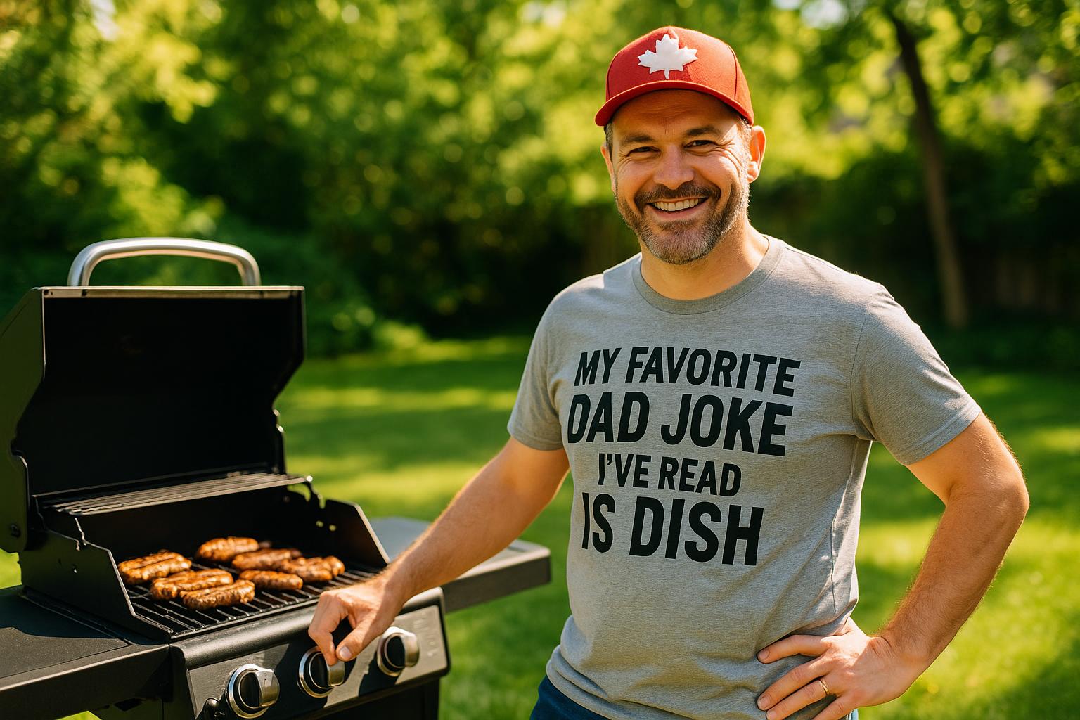 A Canadian dad wearing a t-shirt with a classic dad joke, standing proudly by a BBQ grill on a sunny