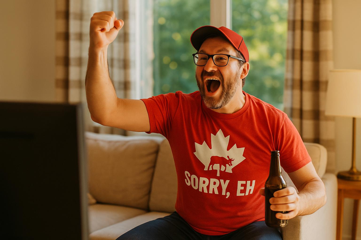 A dad in a Canadian-themed funny t-shirt cheering in front of a TV during a hockey game.