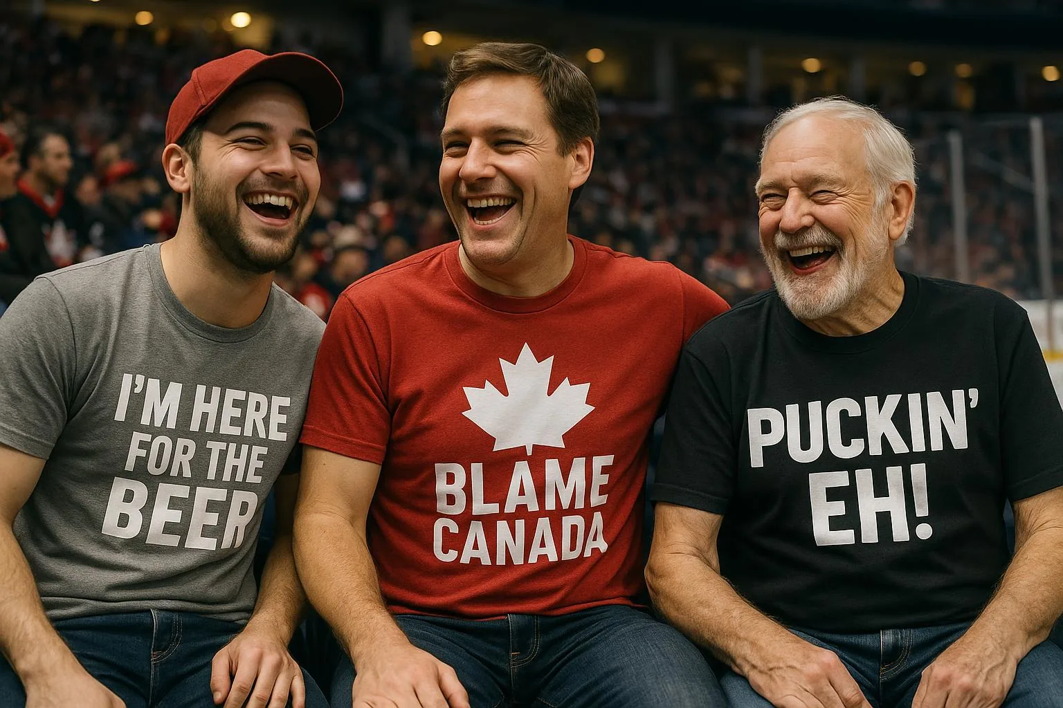 Men wearing funny t-shirts at a hockey game in Canada