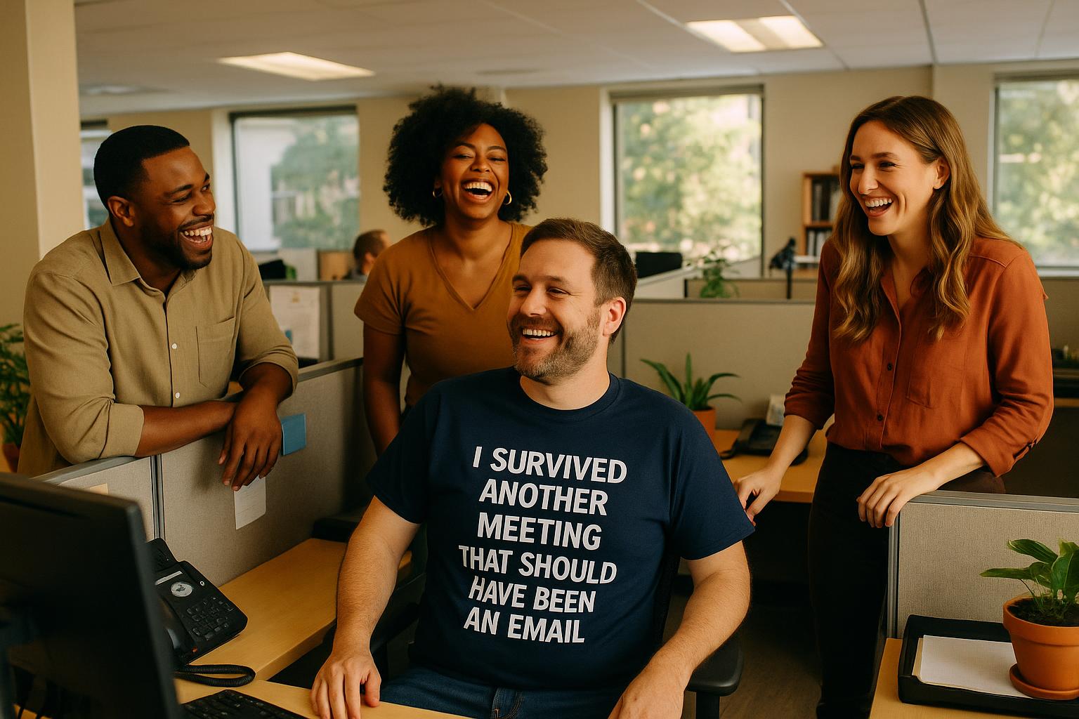 An office worker in a cubicle wearing a funny t-shirt with a slogan about surviving meetings, surrou