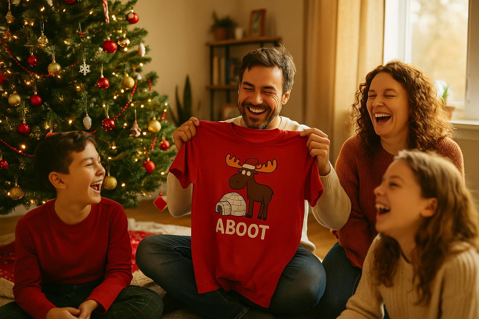 A family gathered around a Christmas tree, one member holding up a funny t-shirt with a Canadian-the