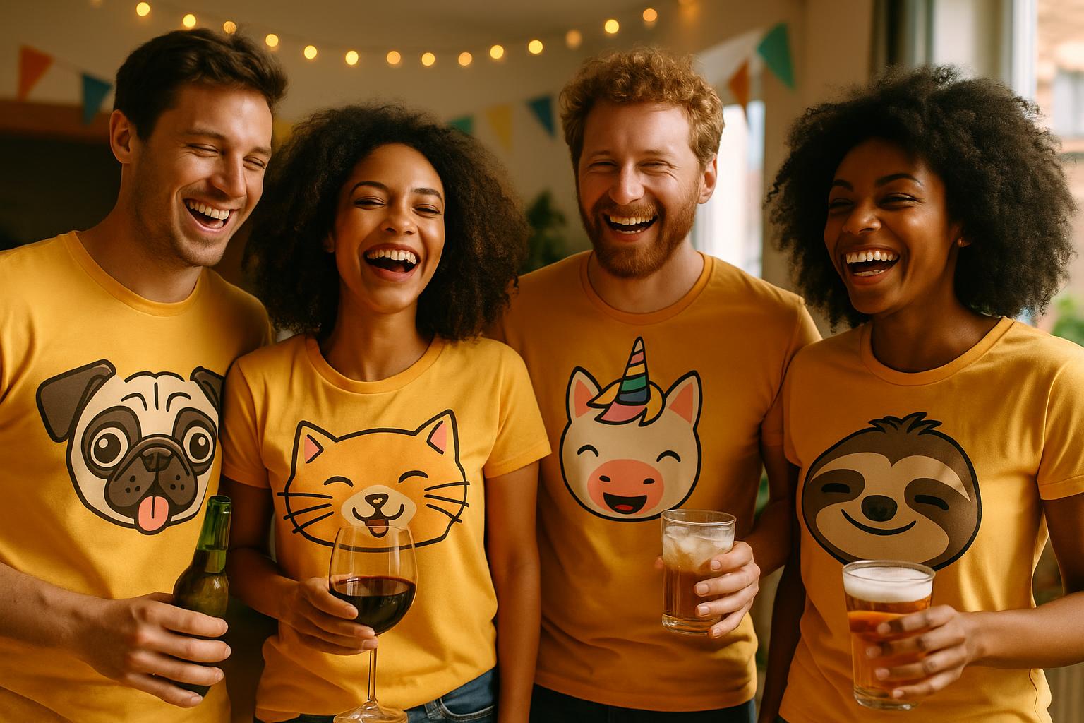 A group of friends at a party, wearing matching funny t-shirts, holding drinks and laughing.