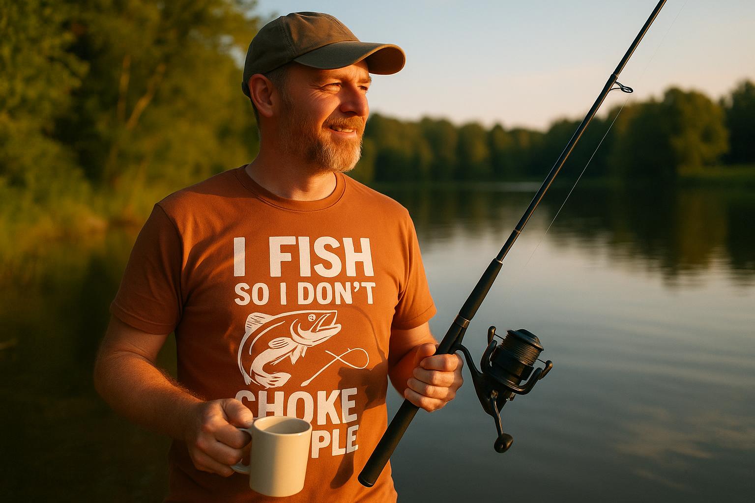 A fisherman standing by a lake, wearing a t-shirt with a funny fishing slogan, holding a fishing rod