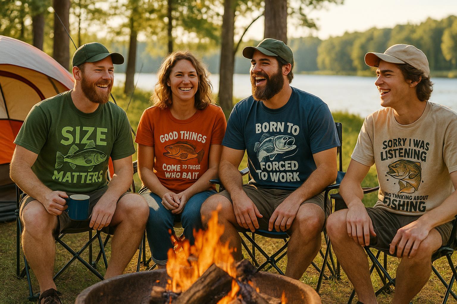 A group of friends at a fishing camp, all wearing different funny fishing t-shirts, sitting around a