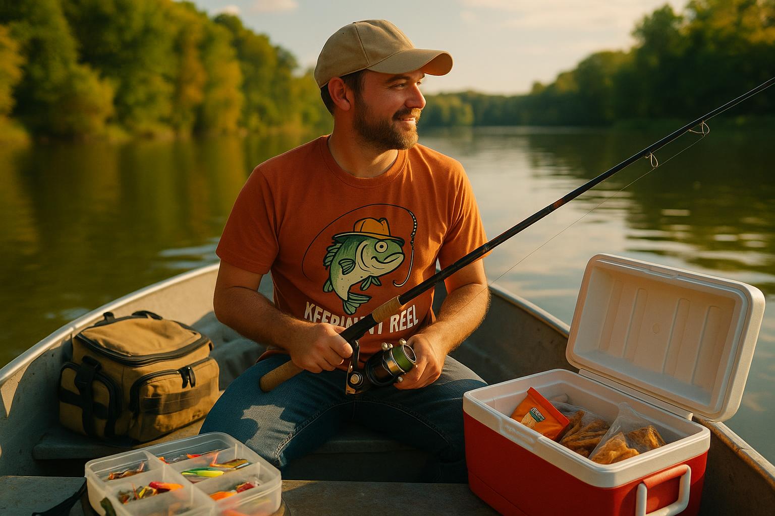 An angler sitting in a boat, wearing a shirt with a funny fish pun, surrounded by fishing gear and a