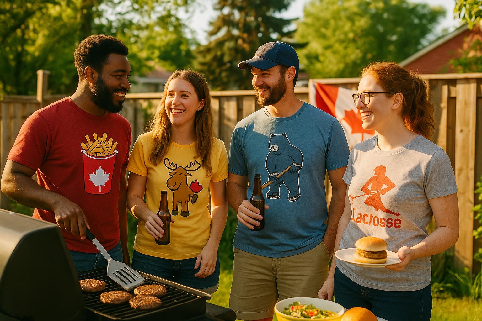 A group of friends at a backyard barbecue in Canada, wearing subtly funny t-shirts that reference Ca