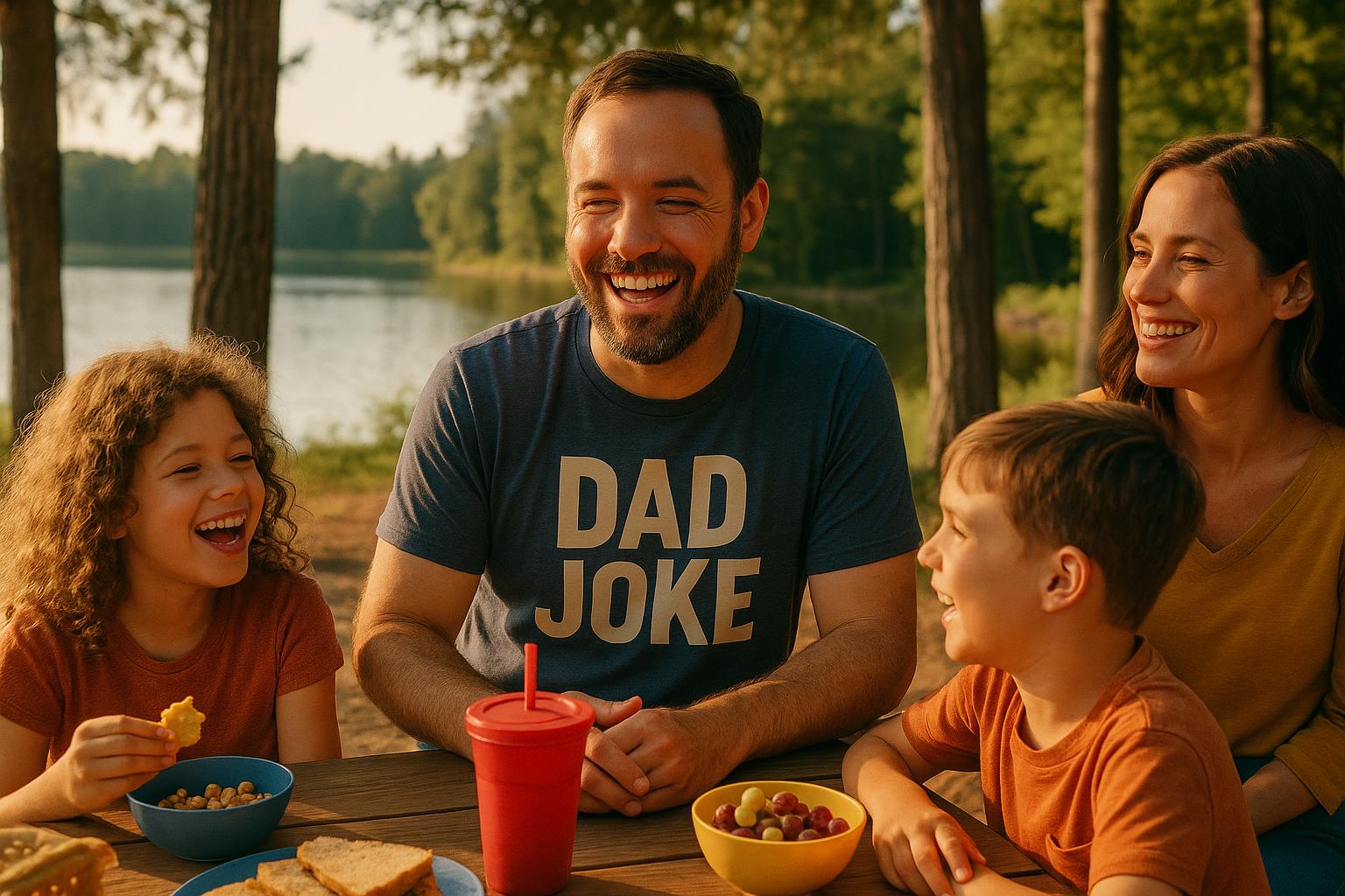 A man wearing a dad joke t-shirt, sharing a laugh with his family at a picnic table, surrounded by w