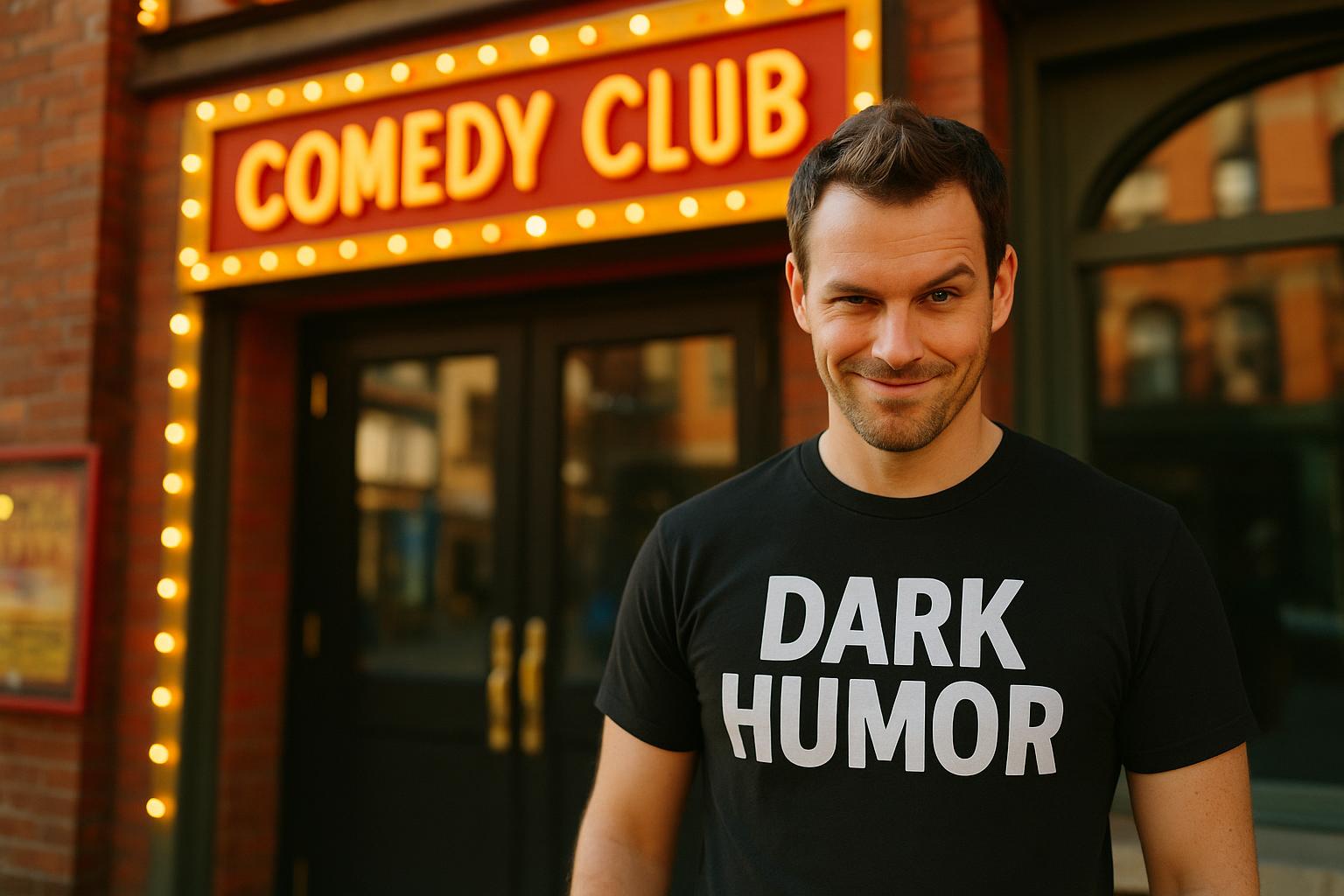 A man wearing a dark humour t-shirt, standing in front of a comedy club entrance, looking mischievou