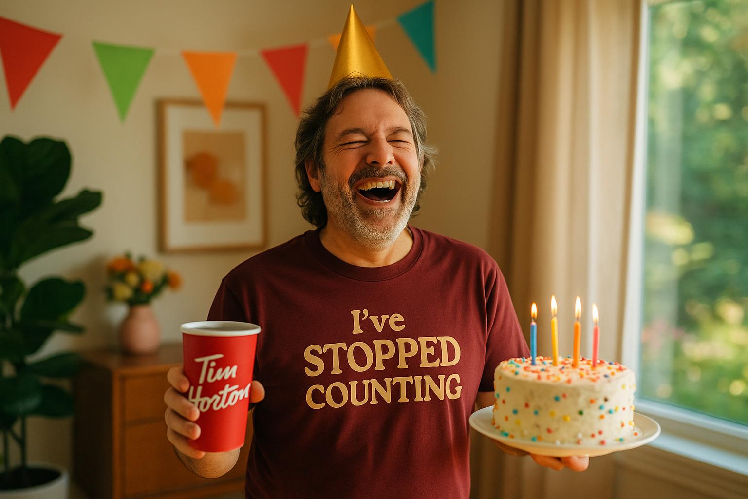 A birthday party scene where someone is laughing while wearing a 