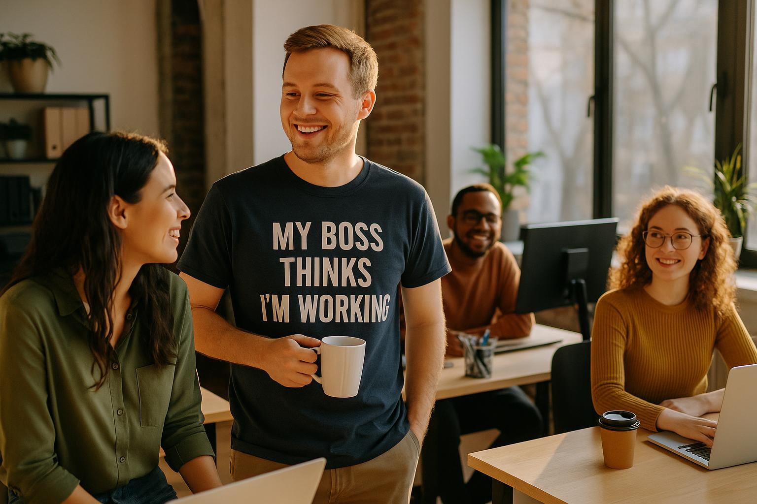 An office setting with employees in casual attire, one wearing a 