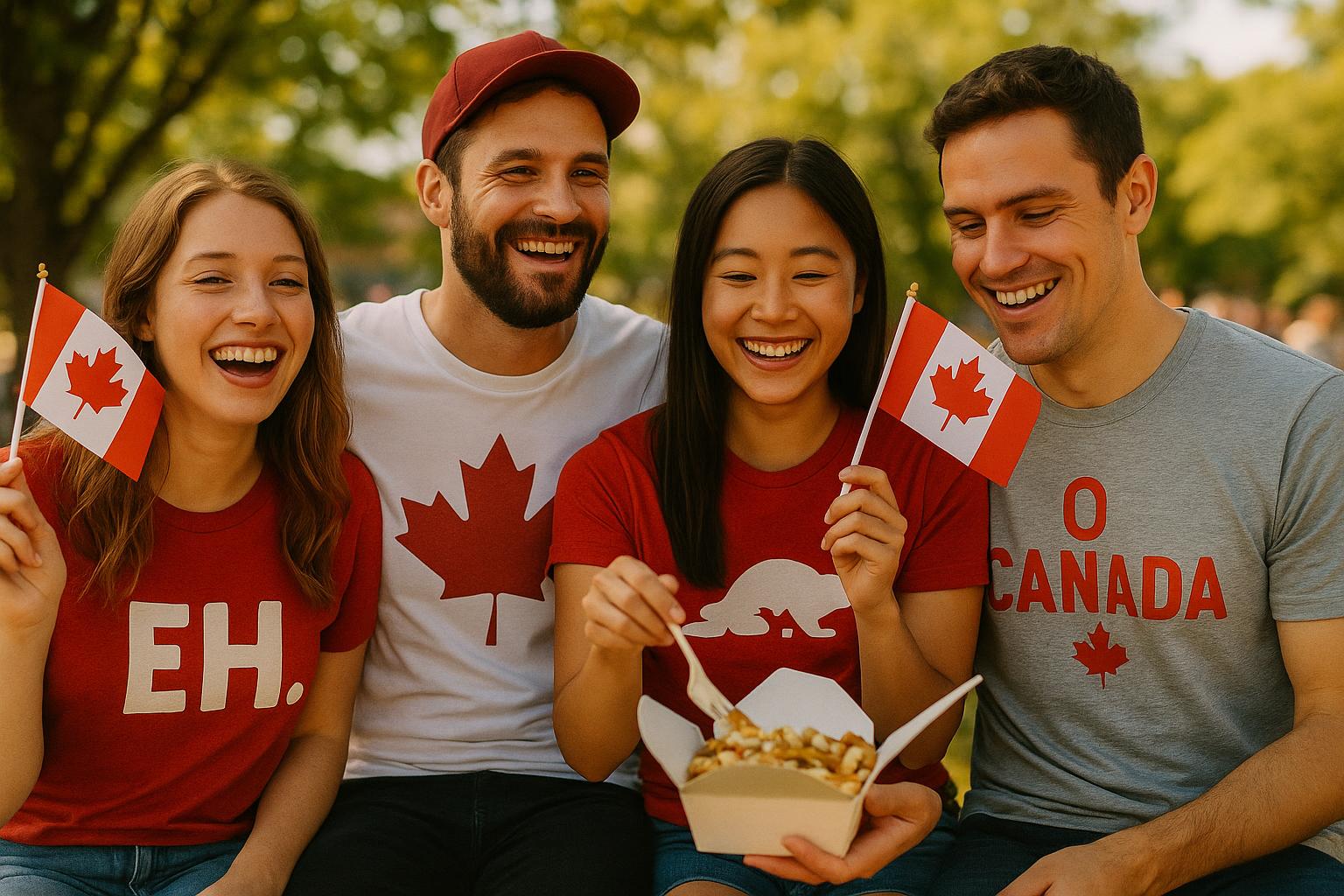 A group of friends at a Canada Day celebration, wearing various Canadian-themed t-shirts from FunnyT