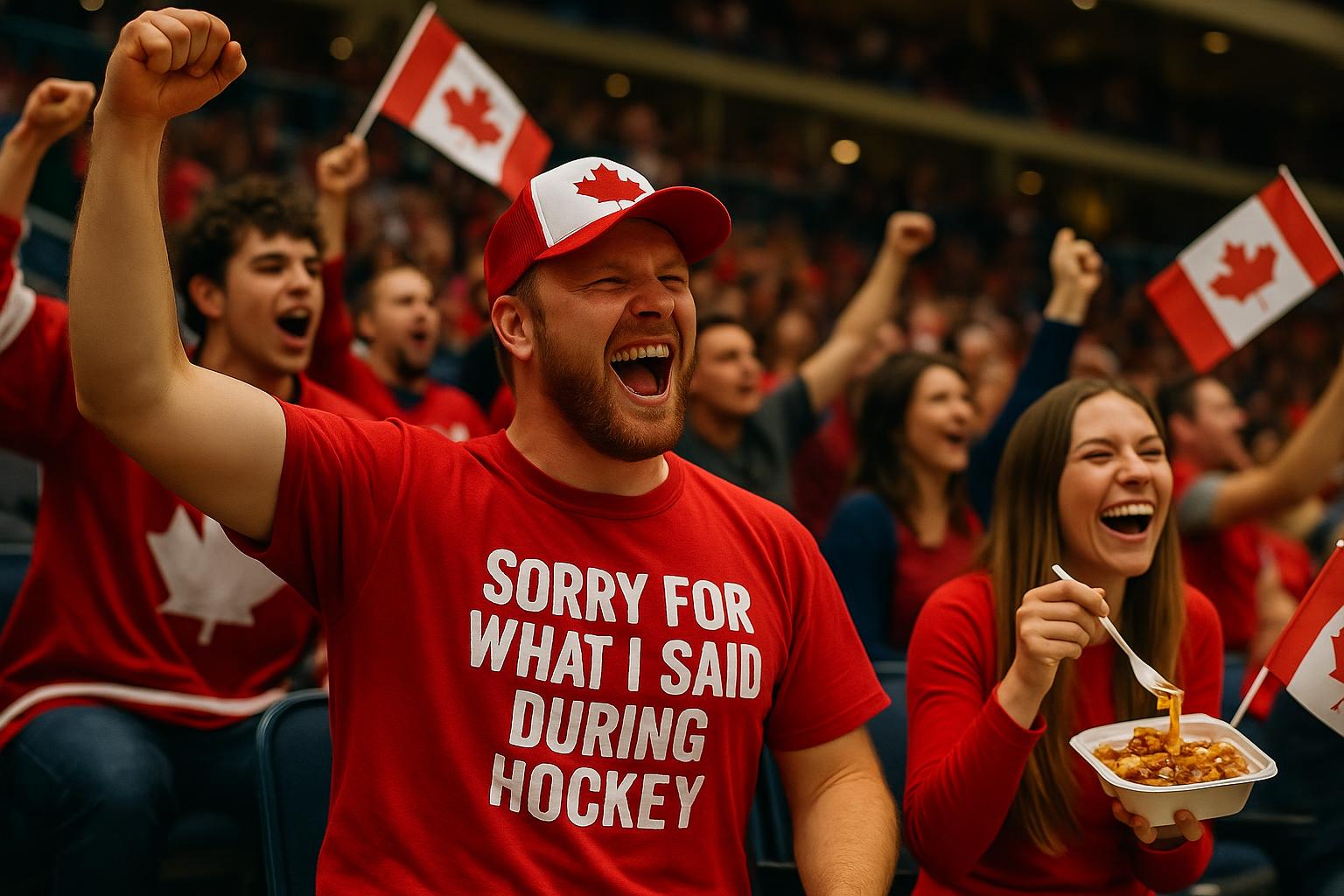 A person at a hockey game, wearing a shirt with a funny Canadian slogan, surrounded by cheering fans
