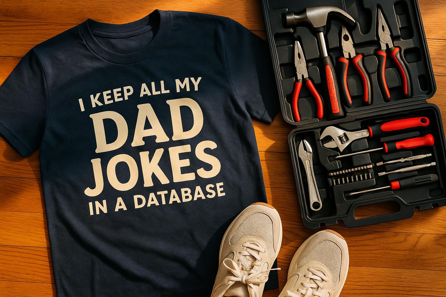 Close-up of a shirt with a funny dad joke, displayed alongside a toolset and a pair of dad sneakers.