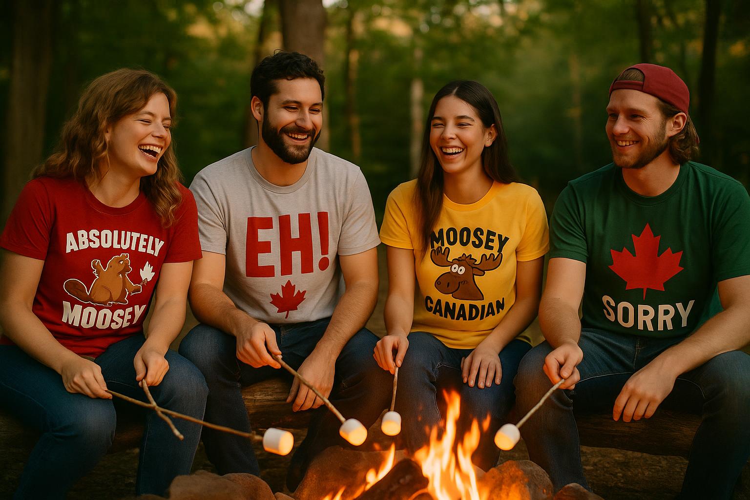 A group of friends at a campfire, each wearing a different funny Canadian t-shirt, with marshmallows