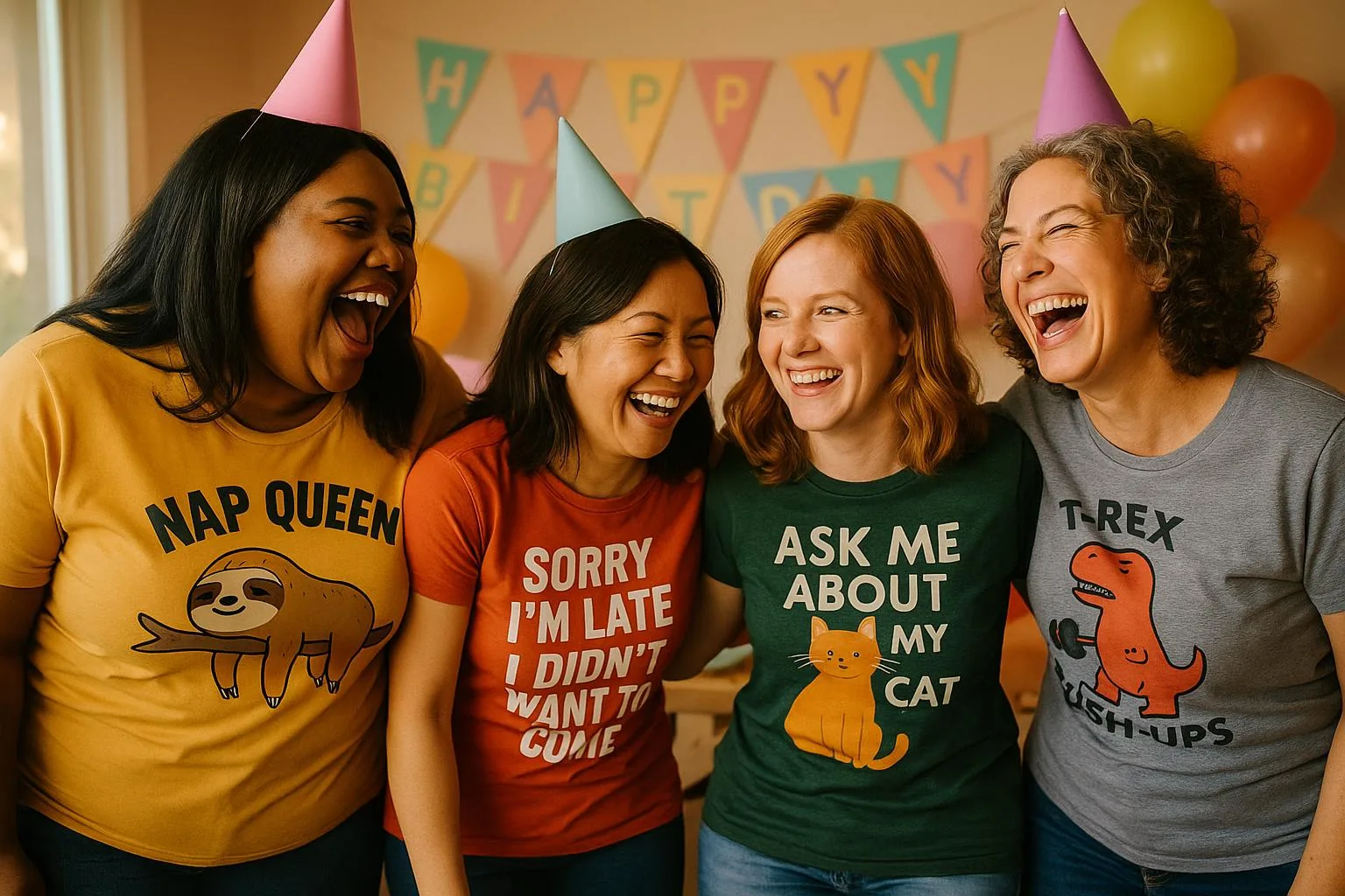 A group of women at a birthday party, all wearing different funny t-shirts and laughing together.