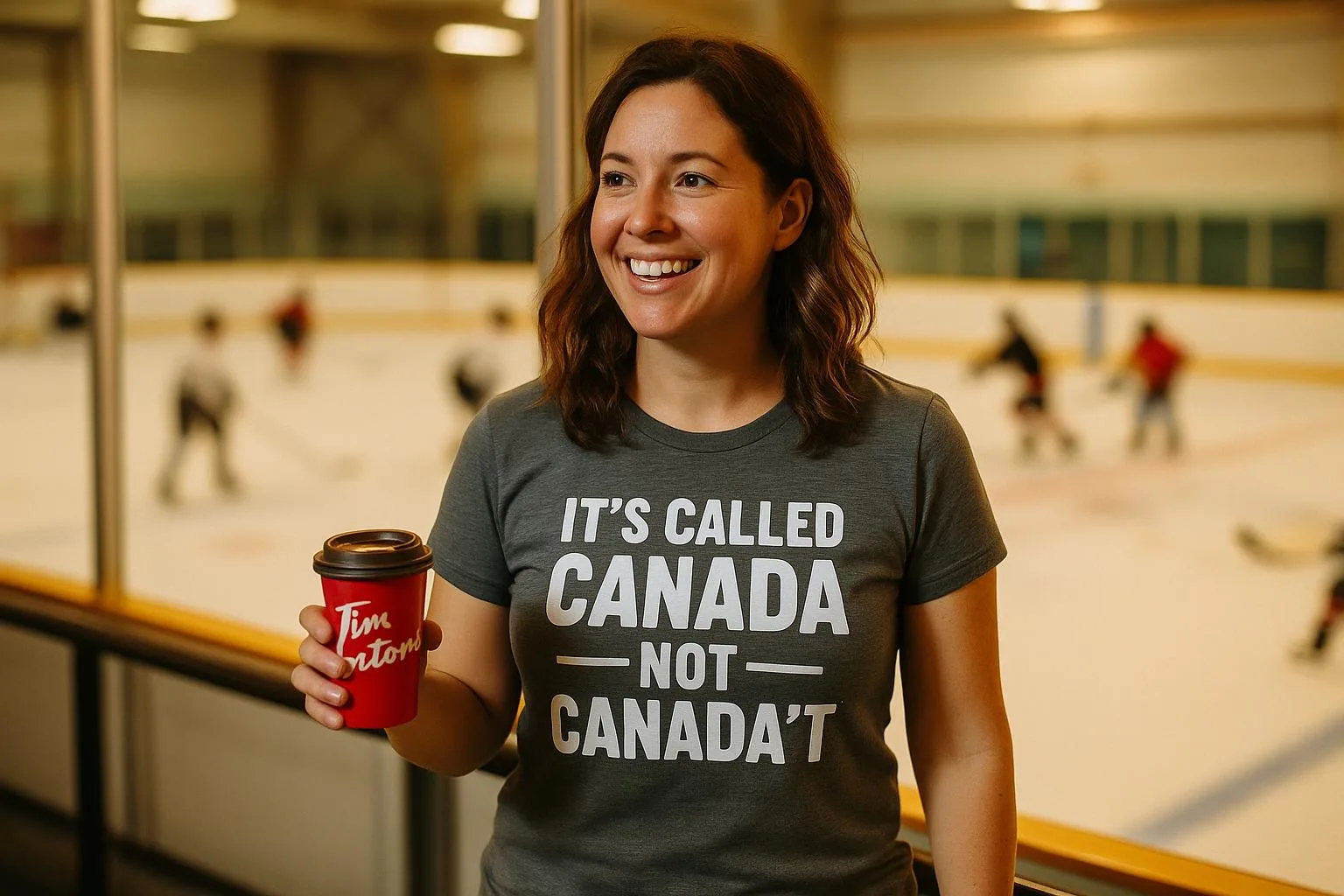 A woman standing in front of a hockey rink, wearing a t-shirt with a funny Canadian joke, holding a 