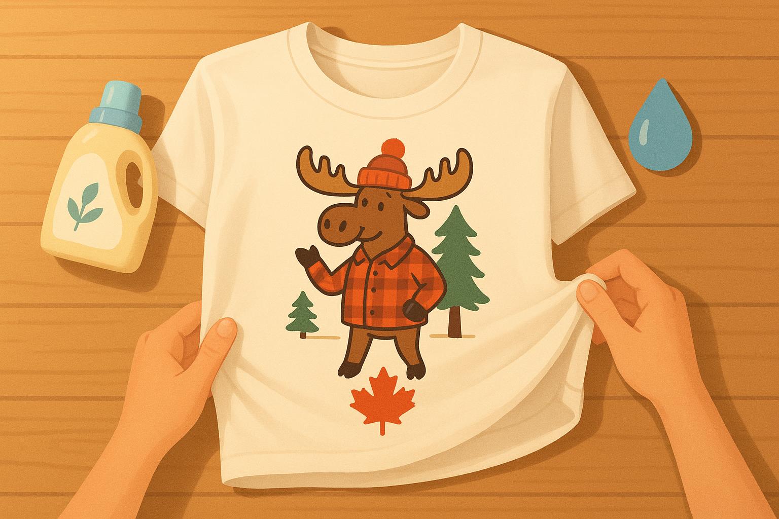 A freshly printed t-shirt laid flat with laundry supplies