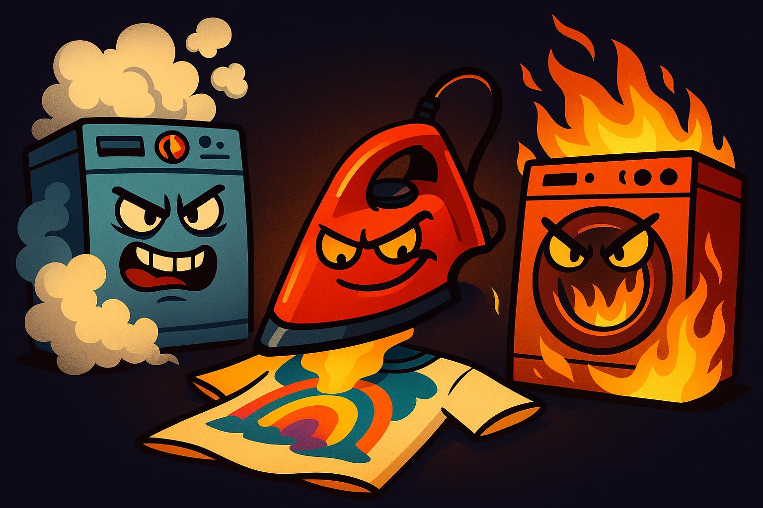 Three cartoon villains: hot washing machine, iron, and dryer