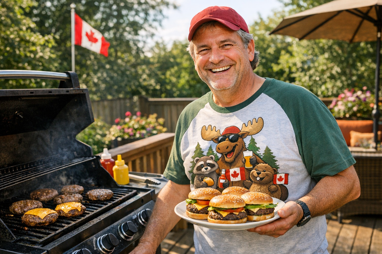 A middle-aged Canadian dad in a funny graphic tee grinning beside a barbecue on a backyard deck with a plate of burgers.
