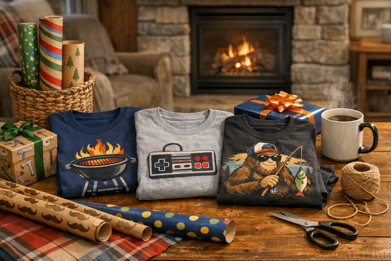 A gift table with three folded funny dad t-shirts, wrapping paper, and a coffee mug in a cozy Alberta home setting.