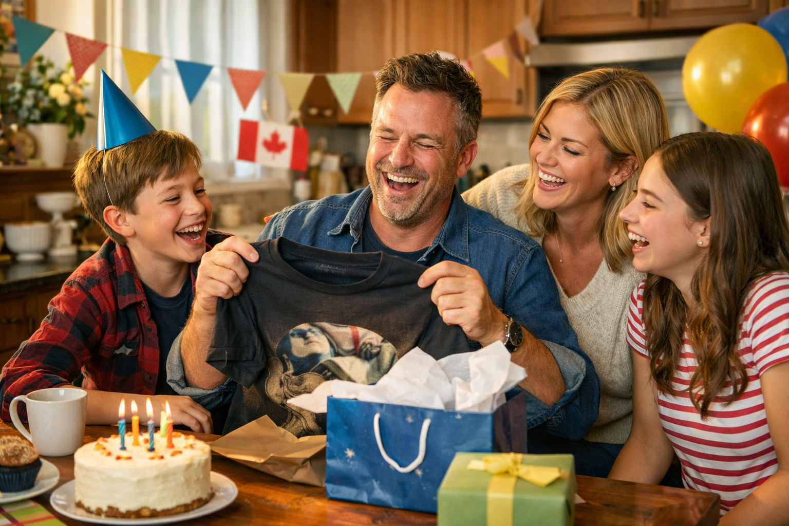 A Canadian family laughing as Dad opens a funny t-shirt gift at a kitchen table during a birthday or Father’s Day gather