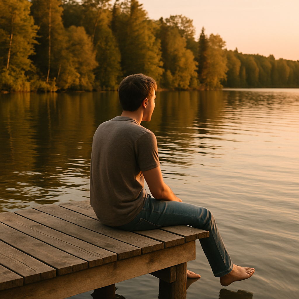 Person sitting on a lake dock in a t-shirt at golden hour, casual Canadian lifestyle