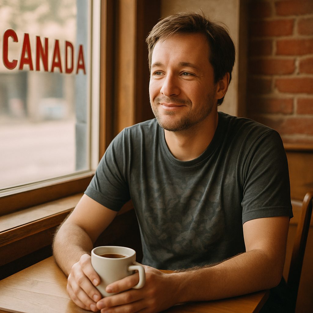 Person wearing a casual graphic t-shirt in a Canadian coffee shop