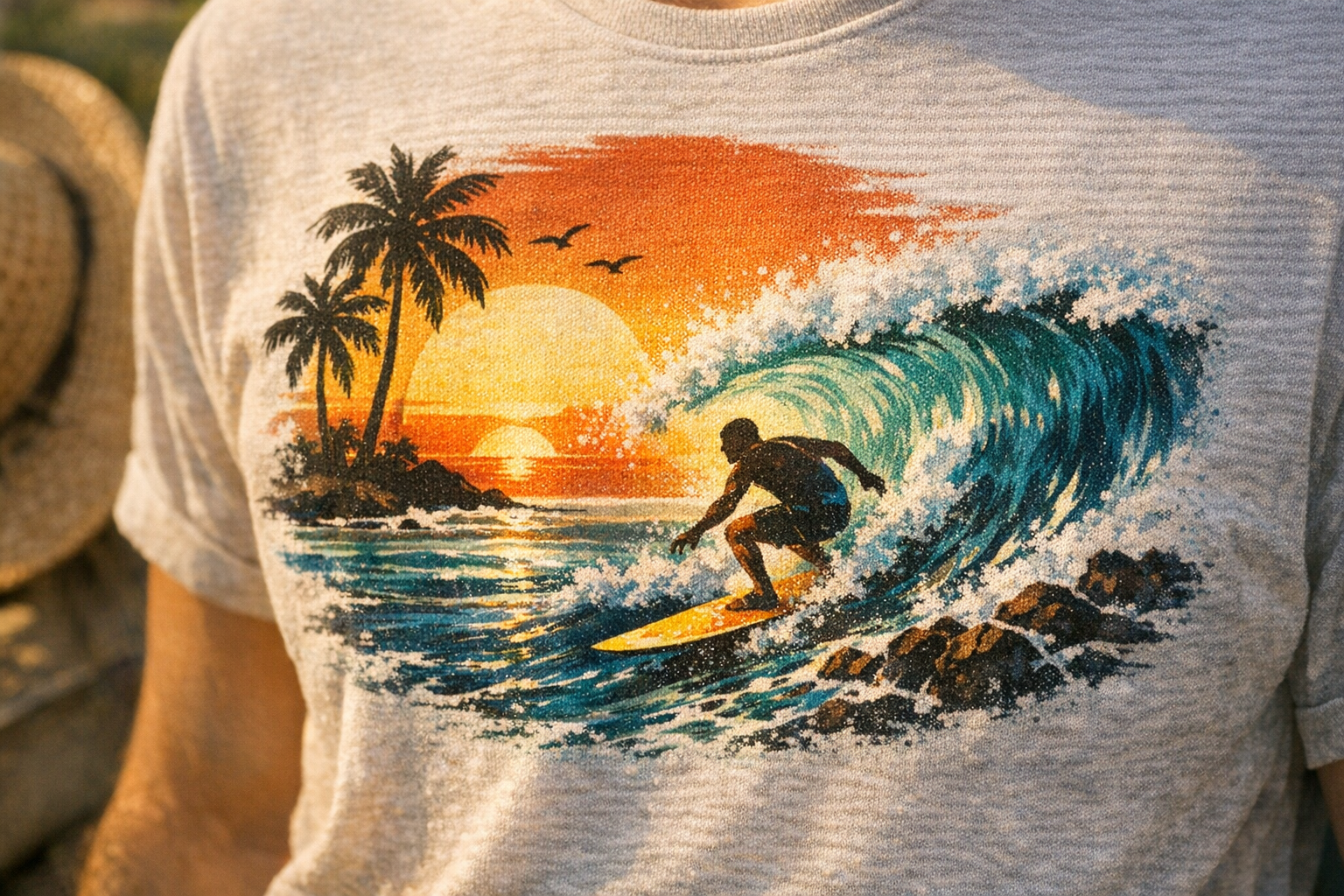 Close-up product photo of a printed t-shirt showing crisp ink edges, fabric texture, and realistic lighting on the chest
