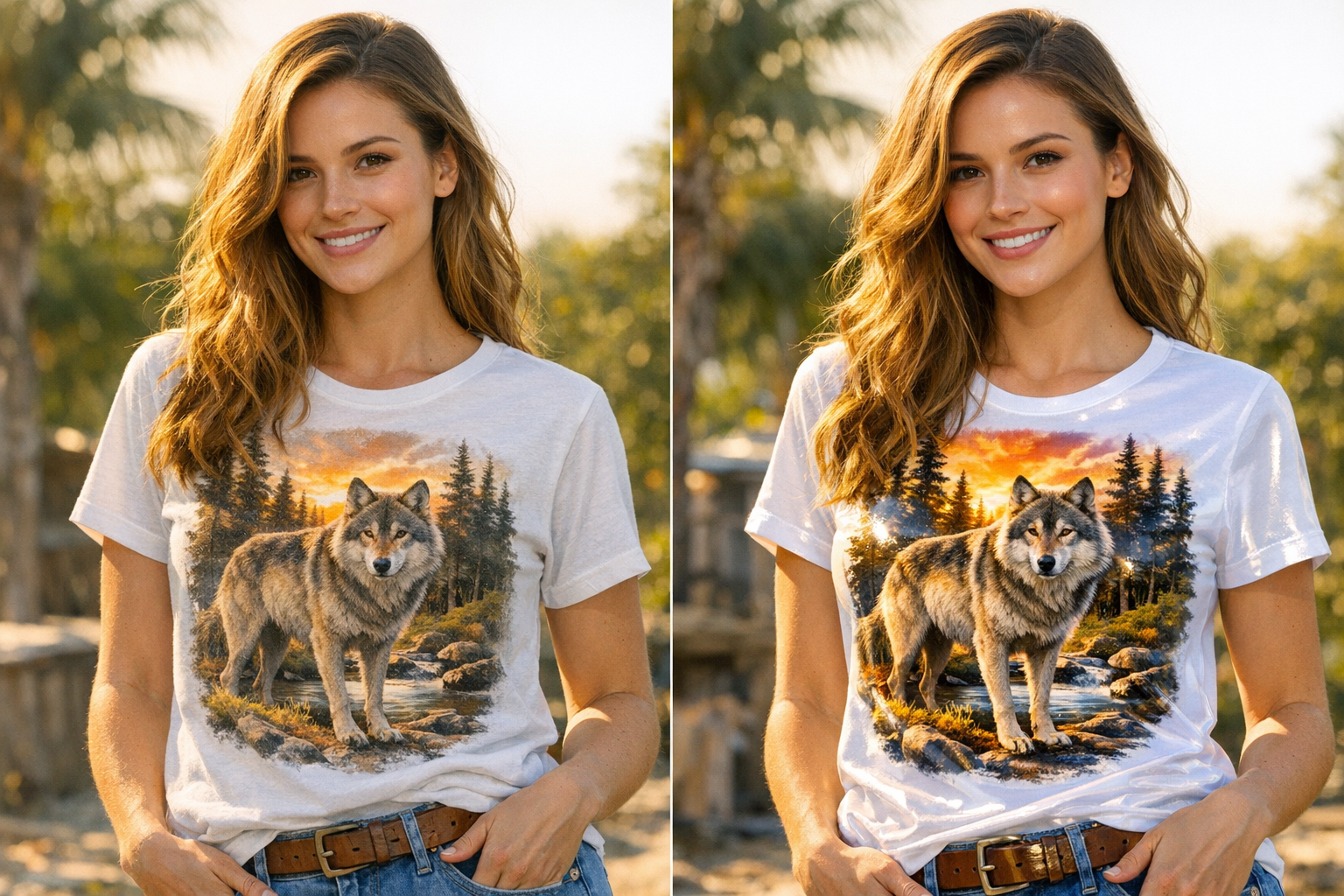 Side-by-side comparison of a realistic t-shirt print photo versus an overly glossy, obviously fake mockup on a model.