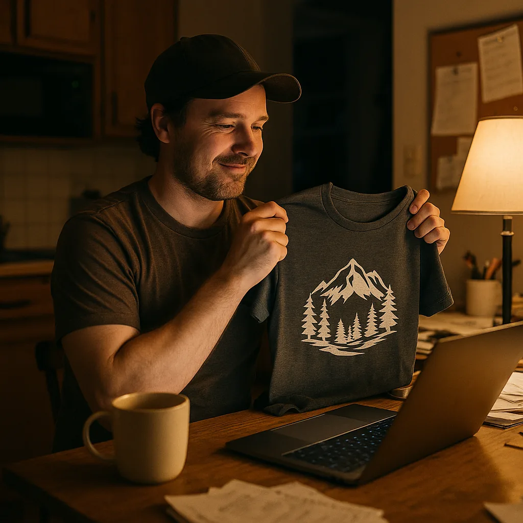 Man at kitchen table late at night designing a t-shirt on his laptop
